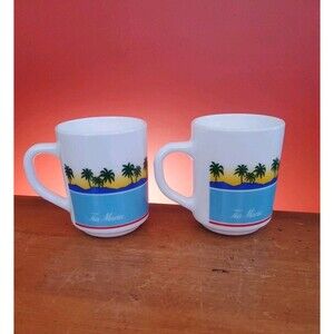 Vintage Arcopal France Milk Glass Tia Maria Coffee Mug Cup Palm Tree Beach Ocean